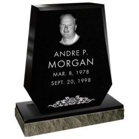 black headstone with beveled edges and picture of man with name Andrew P. Morgan